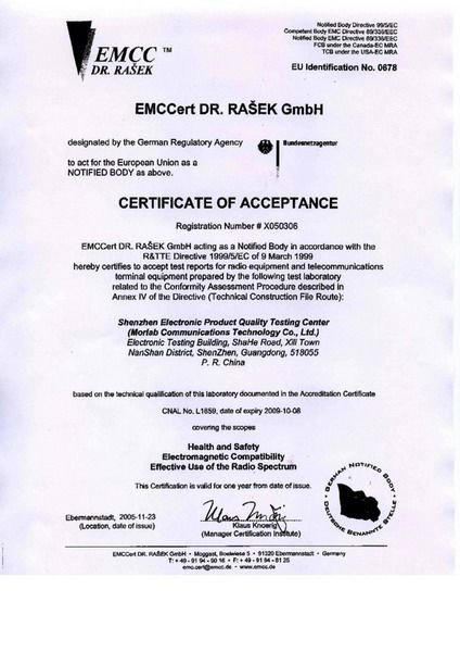 Certificate of Acceptance MORLAB by EMCC